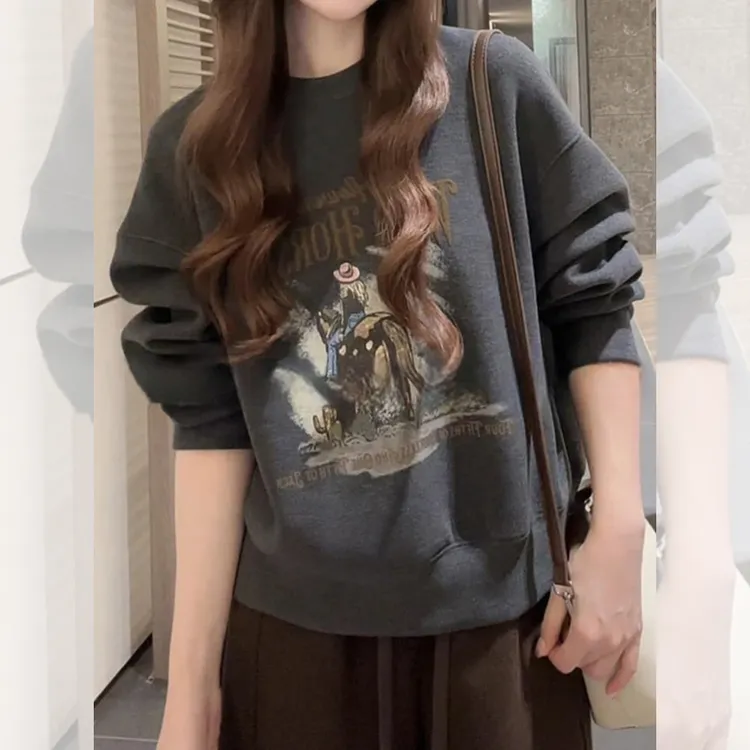 显瘦减龄长袖上衣秋冬新款胖MM大码女装美式慵懒风印花圆领卫衣女