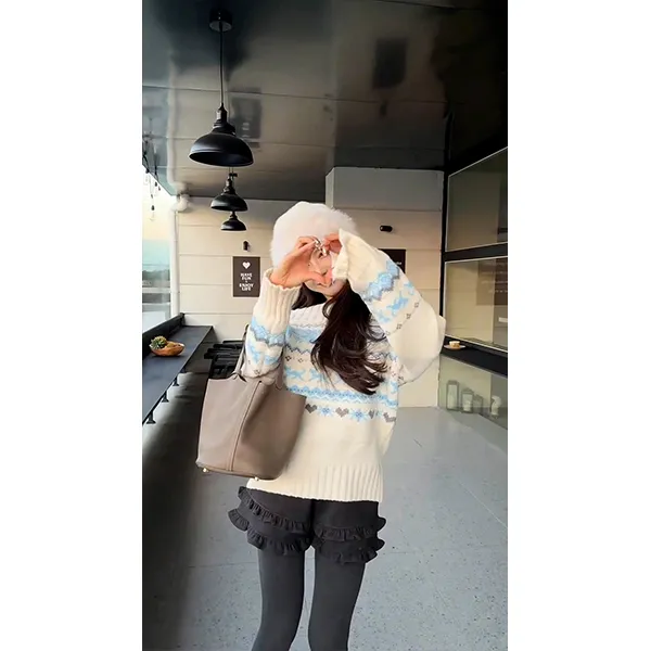 圣诞费尔岛一字肩日落毛衣秋冬新款氛围感慵懒风软糯针织衫上衣