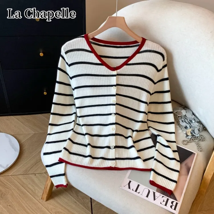 拉夏贝尔秋新款圆领针织打底衫女内搭撞色条纹设计感小众简约上衣