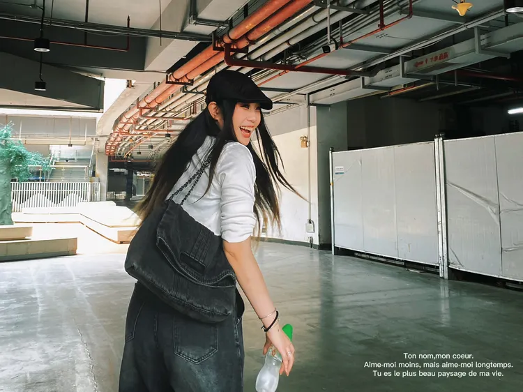 UMi嘉品新款牛仔折耳拉链暗袋双根链条耐磨托特单肩斜挎包时尚