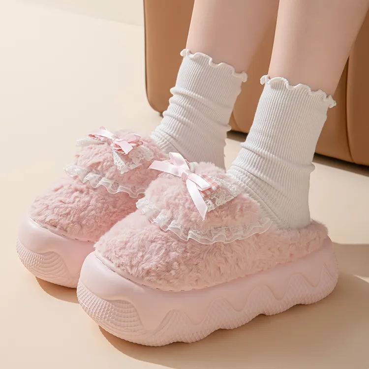 厚底增高棉拖鞋女新款居家网红ins风蝴蝶结拖鞋冬季毛绒保暖防滑