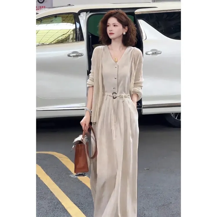 高端大方得体气质名媛高级感套装女2025初秋杏色开衫连衣裙两件套