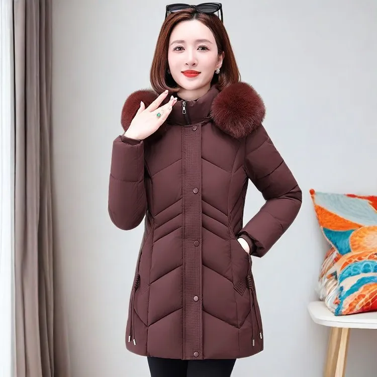 中老年大毛领修身棉服时尚妈妈装冬季加厚保暖外套收腰棉衣女棉袄