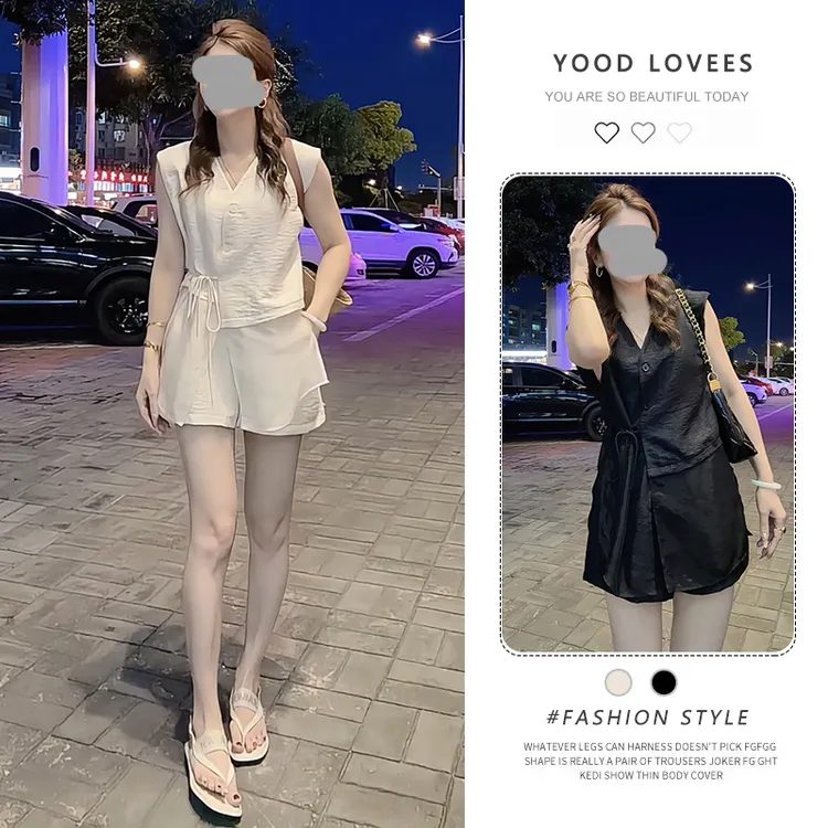 网纱拼接无袖背心上衣+短裤两件套女2025夏季设计感系带收腰套装