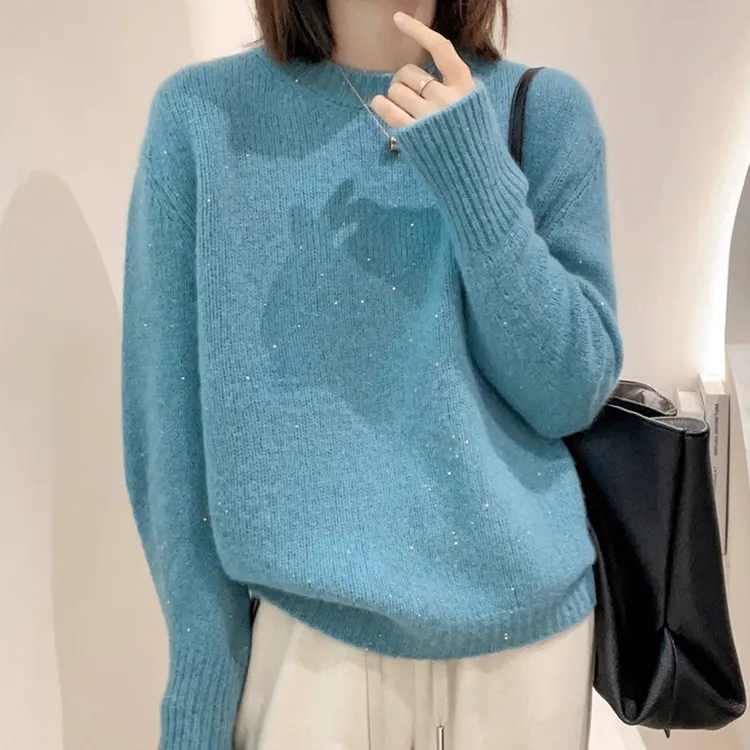 鄂尔多斯市产秋冬女圆领毛衣时尚亮丝宽松百搭100羊毛针织打底衫