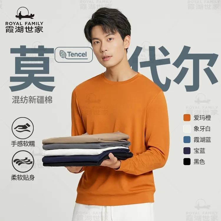 【兰精莫代尔】霞湖世家 男士秋季长袖长绒棉贴身7A抑菌圆领T恤107A