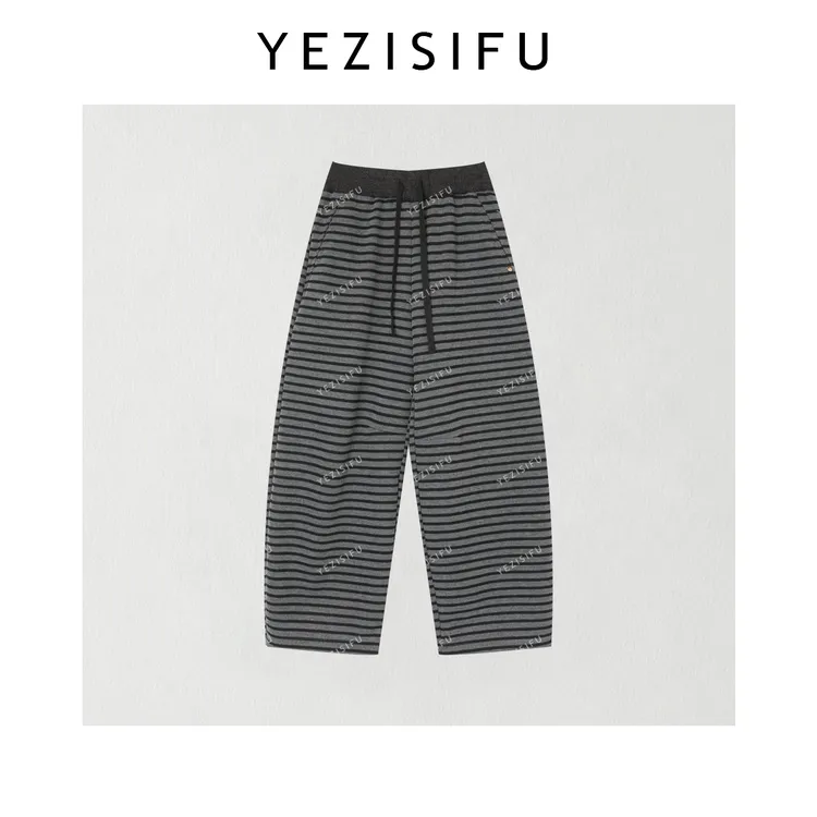 欧尼私服 2025秋季加绒条纹阔腿裤抽绳松紧腰休闲裤2510C6679