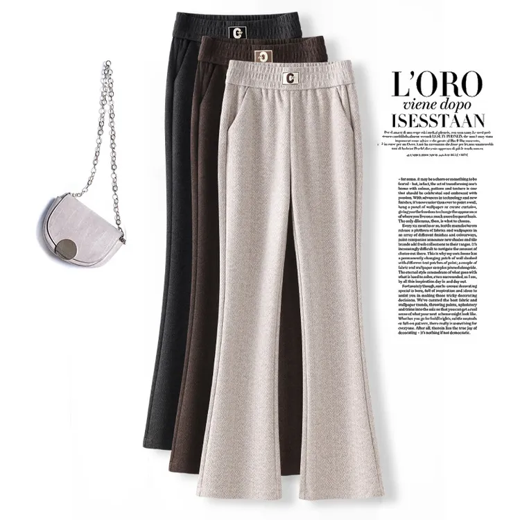 人字纹毛呢微喇裤女秋冬2025新款高腰松紧修身喇叭裤加绒加厚长裤