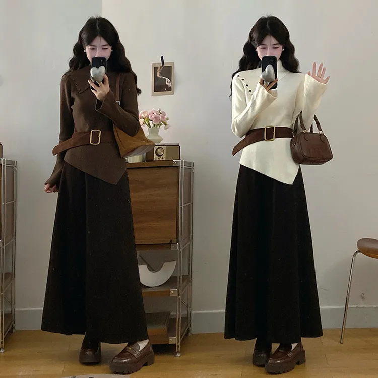 MO88ZSPF毛衣半身裙时尚套装 咖色套装加皮带 杏色套装加皮带