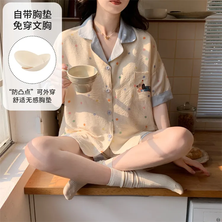 带胸垫云朵棉2025新款夏季短袖短裤睡衣女款翻领开衫家居服套装