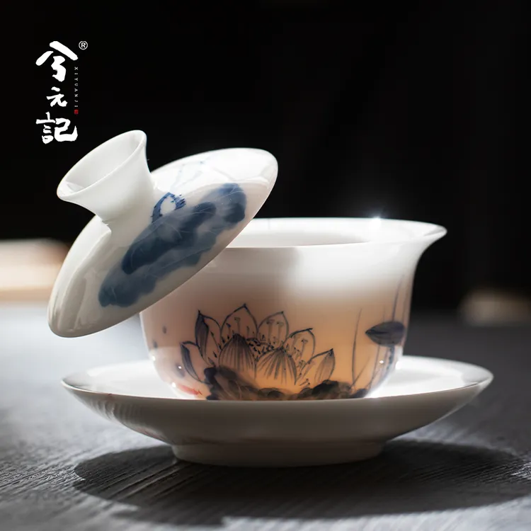 兮元记手绘冰种玉瓷悬停三才盖碗茶杯单个陶瓷带盖泡茶碗功夫茶具