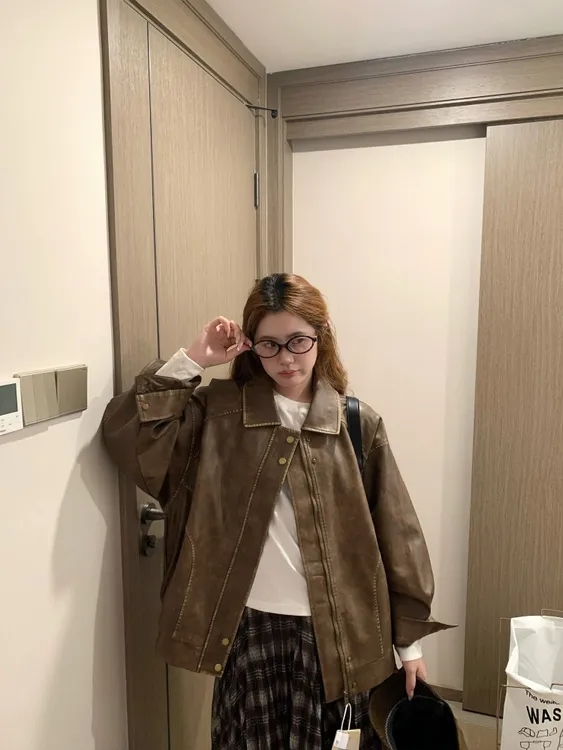 皮衣外套女美拉德风2025秋季新款宽松擦色做旧感复古皮夹克小个子