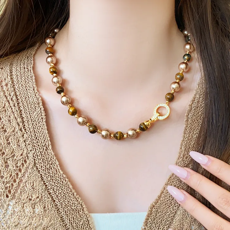 铜合金项链  美拉德虎眼石串珠项链女2025新款秋冬精致毛衣链配饰