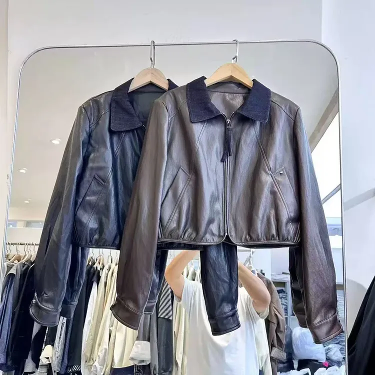 【小禾苗】新款翻领pu拉链百搭皮衣冬季夹棉小个子短款皮衣外套