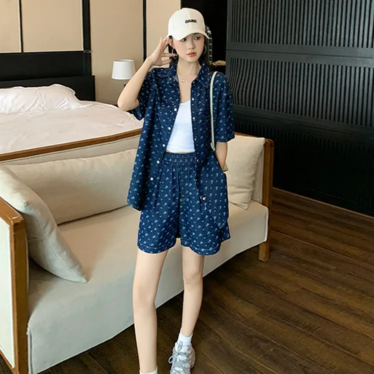 时尚简约休闲夏季新款套装女高级感时尚蓝色短袖短裤显瘦两件套潮