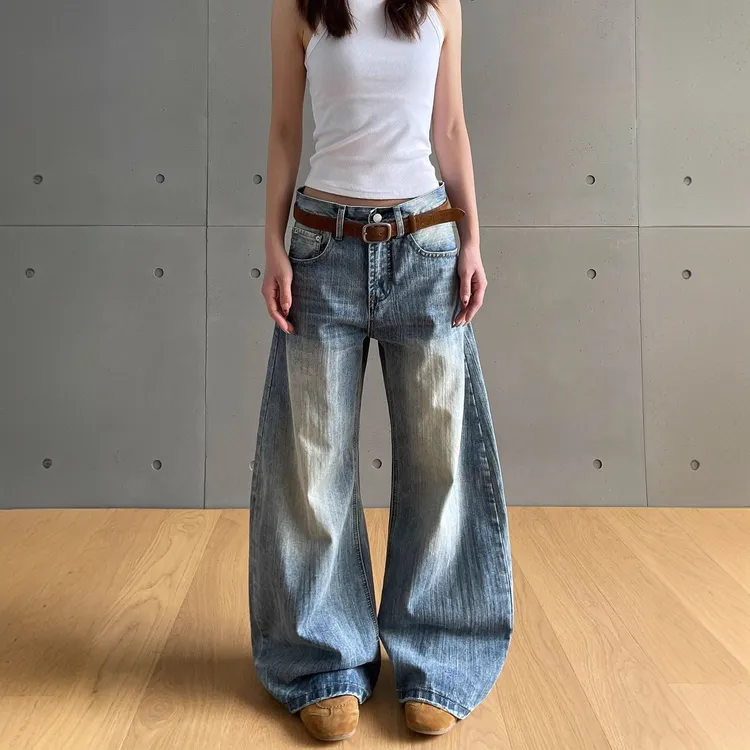 大码美式水洗复古解构弯刀牛仔裤女梨形遮肉宽松显瘦阔腿休闲长裤