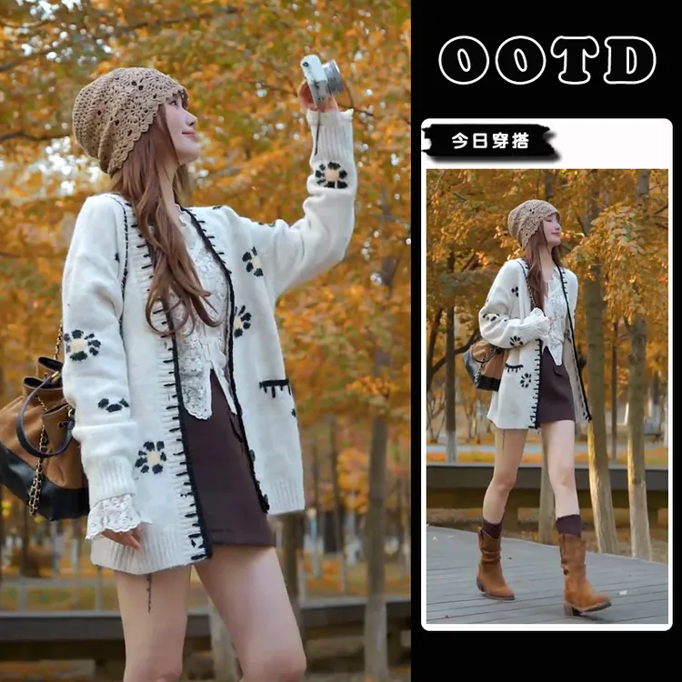 超火秋季穿搭一整套2025新款韩版复古针织毛衣蕾丝打底短裙三件套
