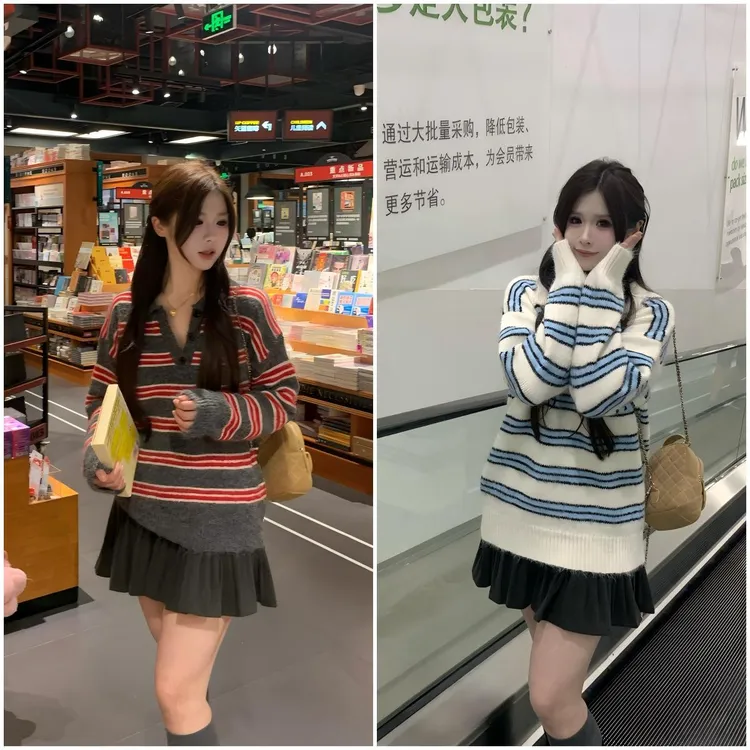 李潇洒【】微胖大码秋季polo领撞色横条纹宽松毛衣