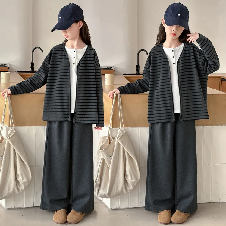童装女童秋装套装2025年款衣服儿童春秋款网红潮款炸街条纹三件套