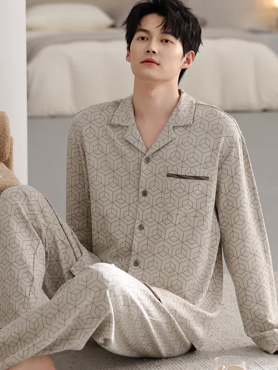 2025秋季新款男士潮流睡衣长袖长裤潮流套装休闲时尚开衫翻领家居