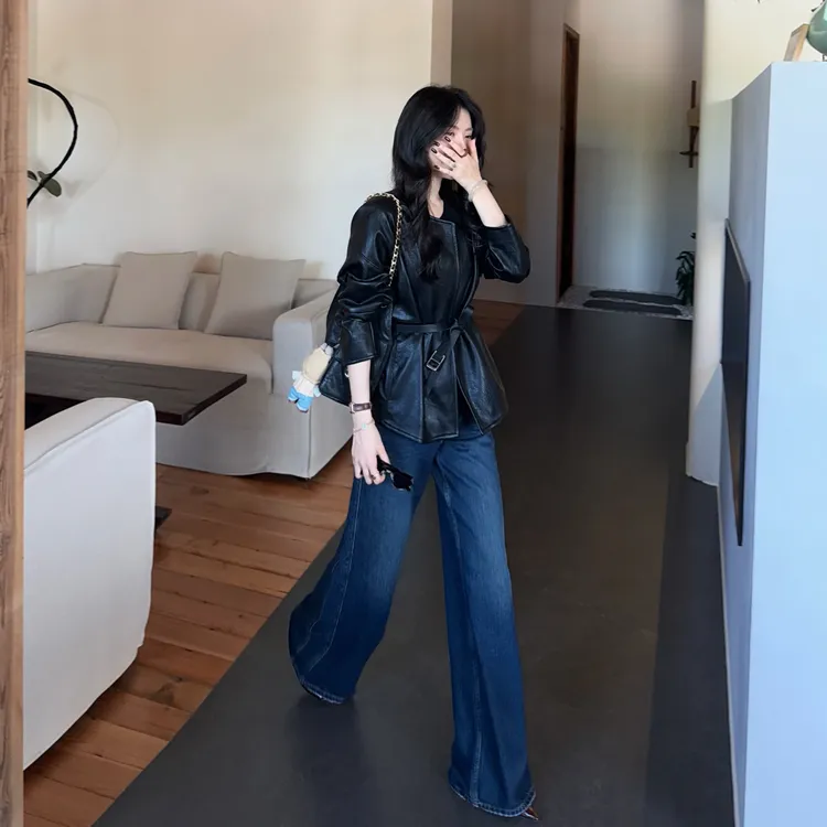 【郝洁】“港风未央”高级气质百搭复古港风显贵气皮衣外套2605