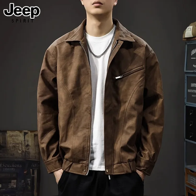 JEEP美拉德复古皮衣外套秋冬季新款美式休闲痞帅立领飞行员夹克男