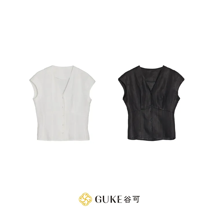 GKE/谷可C7117亚麻小衫女款2025夏季法式V领衬衫修身显瘦短袖上衣