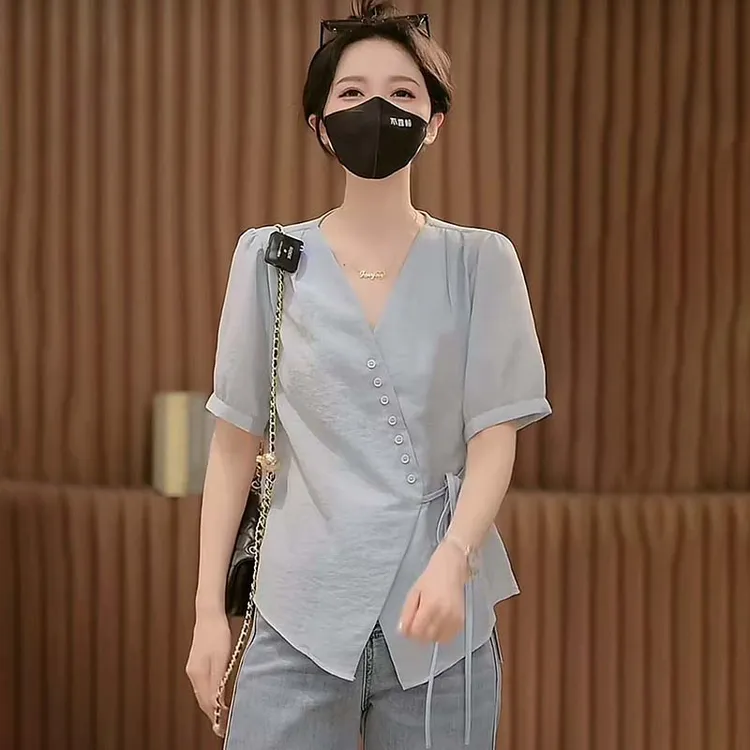 8059/V领侧面系带不规则衬衣女夏季法式风气质2025新款显瘦短袖女