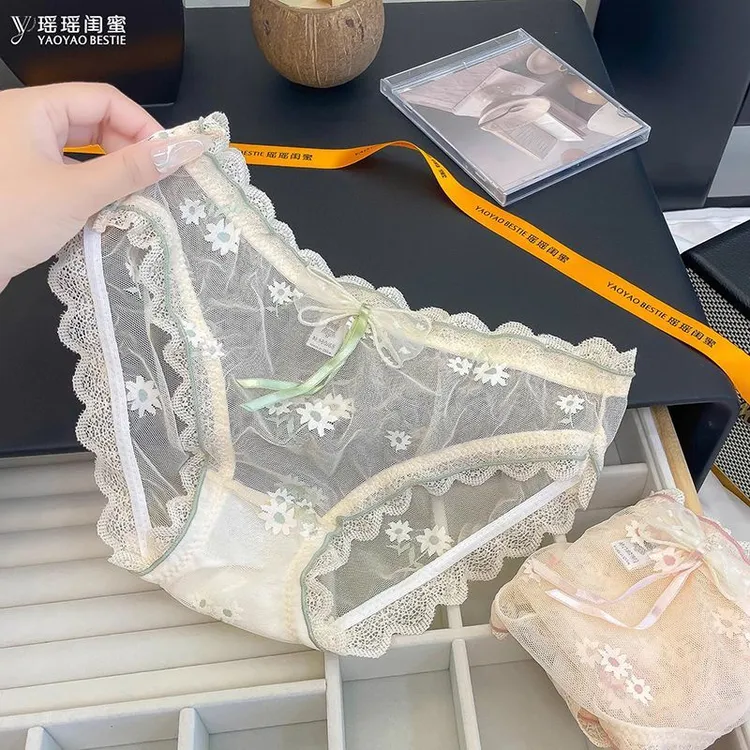 瑶瑶闺蜜刺绣网纱性感蕾丝内裤女夏季薄款透气纯欲风低腰三角裤头