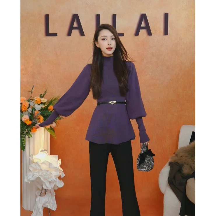 【紫气东来】无腰带极简风针织灯笼袖纯欲针织收腰显瘦气质衣I9-11