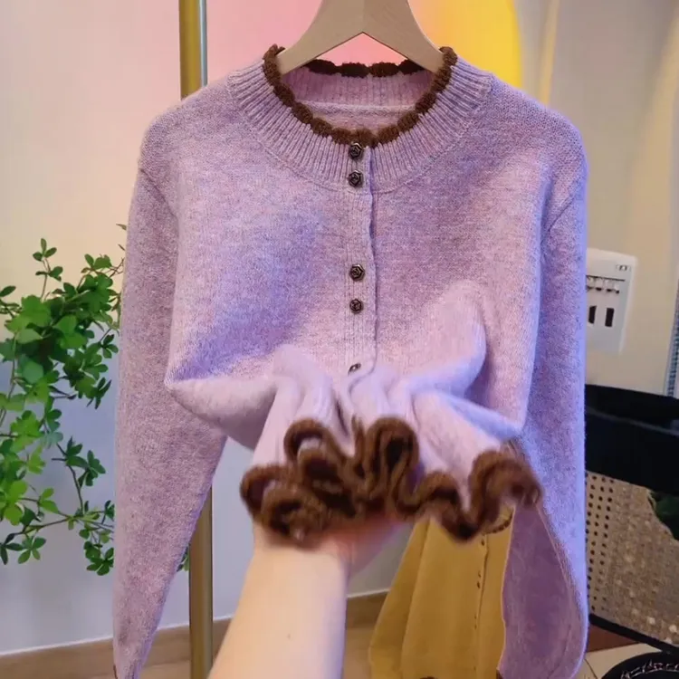 法式软糯圆领毛衣外套2025秋冬季高级感宽松紫色针织开衫上衣女装