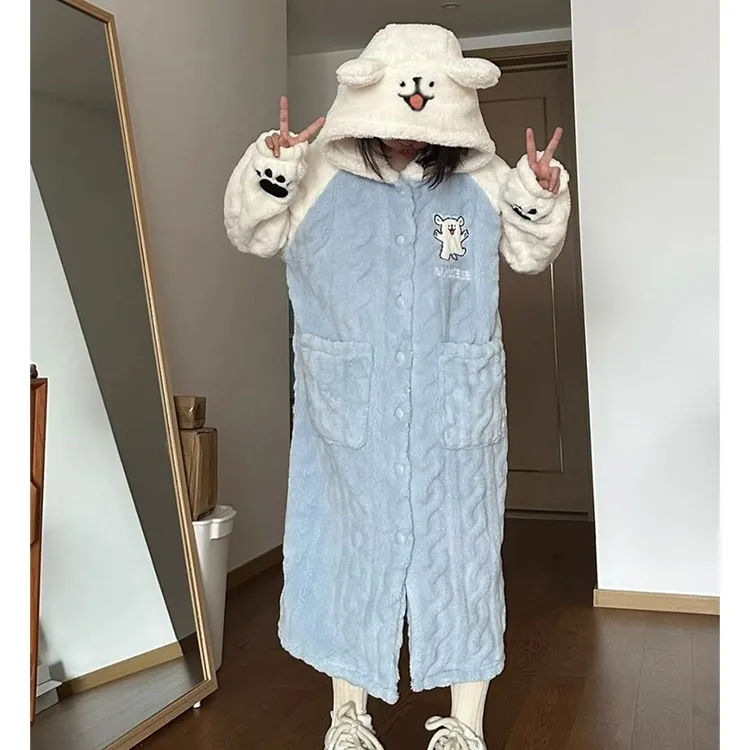 线条小狗睡袍女秋冬季珊瑚绒加厚长款连帽睡衣初中学生大童家居服