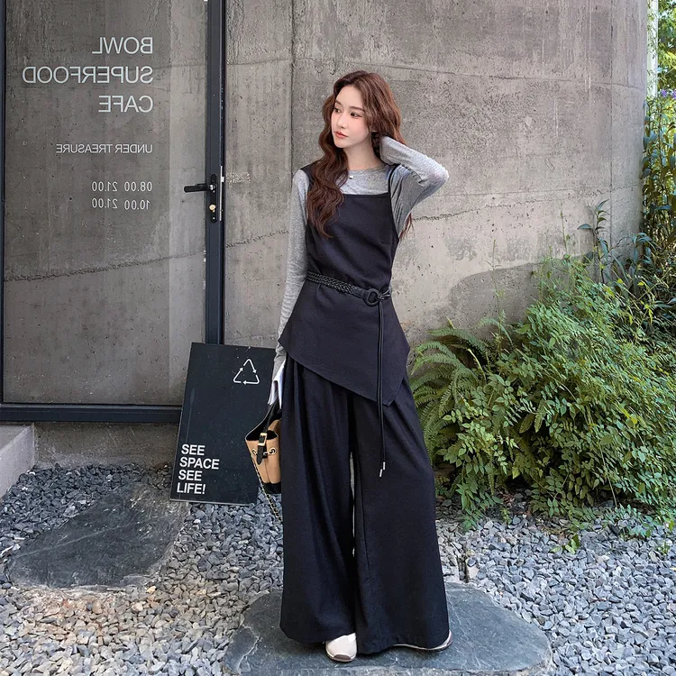 气质优雅风休闲风连衣裙背心高腰通勤时尚套装秋季显瘦减龄拼接