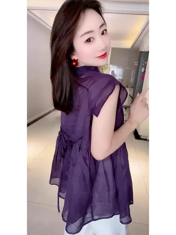 韩系chic洋气减龄高级感超好看薄款上衣气质别致紫色掐腰衬衫女夏