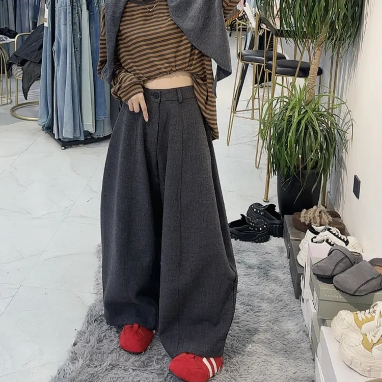 高腰毛呢西装阔腿拖地长裤女秋季百搭宽松垂感休闲裤