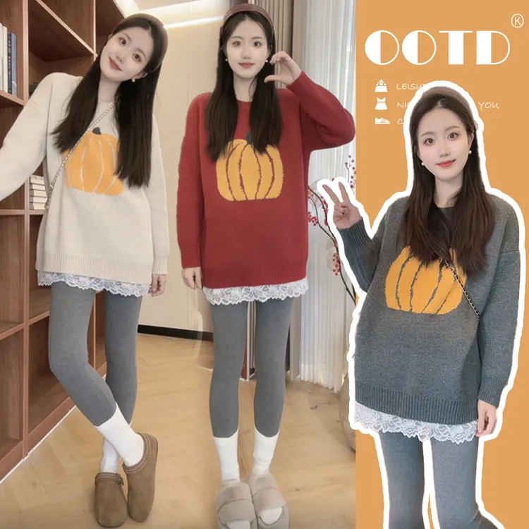 孕妇套装2025秋冬季圆领长袖蕾丝中长款拼接毛衣韩系加厚套头外穿