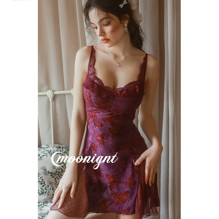 冰丝印花夏季蝴蝶睡裙印花露背深V加胸垫睡裙外袍女套装QJ5286