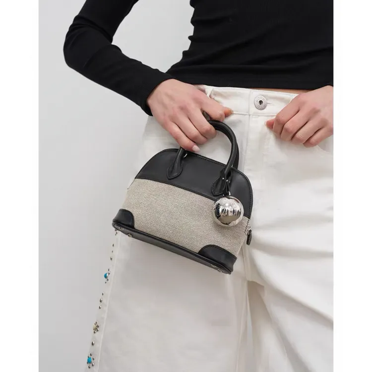 odtd 银球帆布拼皮手拎保龄包女士手提包