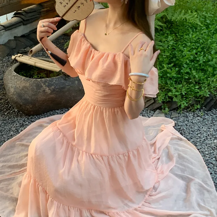 冰冰来了【蜜橘乌龙】法式纯欲风一字肩长裙海边度假风连衣裙27237