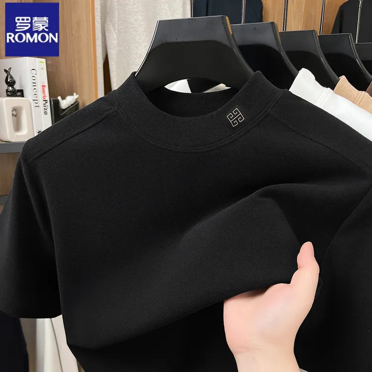 罗蒙重磅德绒打底衫男短袖T恤半高领卫衣秋冬新款磨毛保暖内搭潮