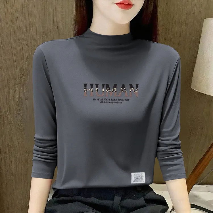 简约正肩长袖时髦设计感女士半高领宽松印花大码秋季上衣女款t恤