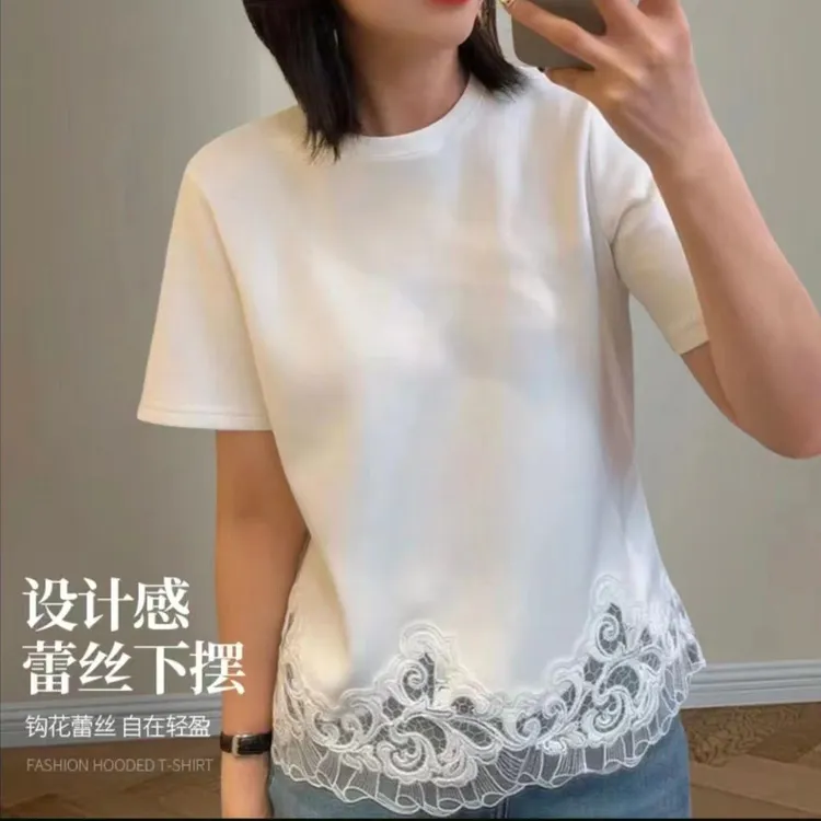 法式花边蕾丝短袖T恤2025新款夏季宽松显瘦拼接下摆高端上衣小衫