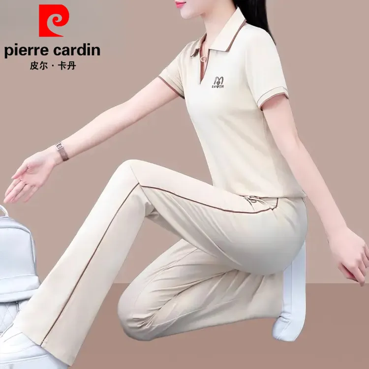 皮尔卡丹运动装套装女夏季2025新款时尚翻领妈妈装减龄半拉链两件