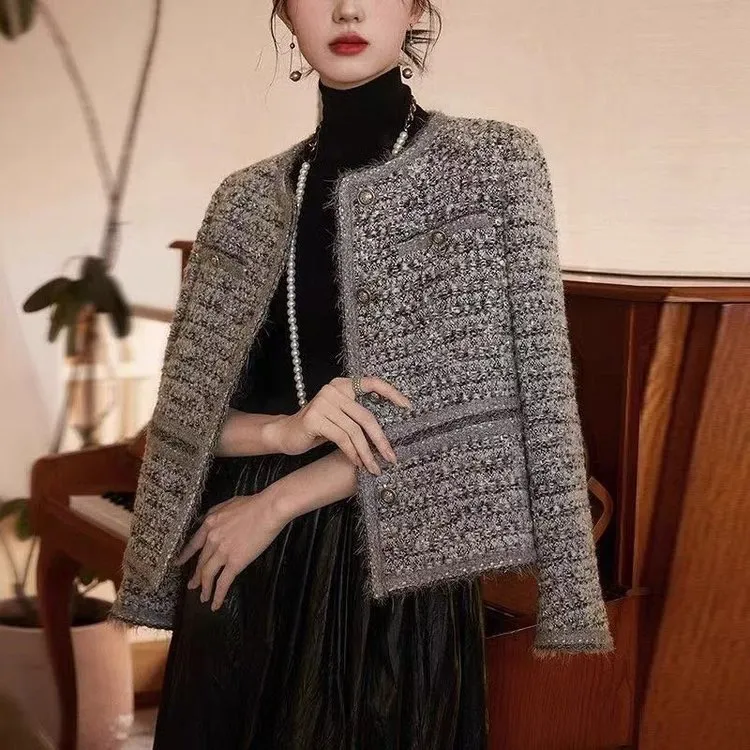 重工编织小香风粗花呢短款外套女春秋新款气质高级感轻奢显瘦上衣