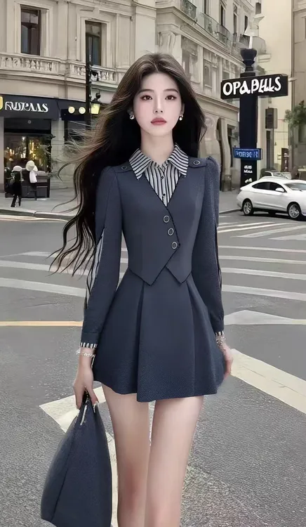 高级小众休闲通勤风拼接衬衫领长袖上衣+百搭高腰半身裙女两件套
