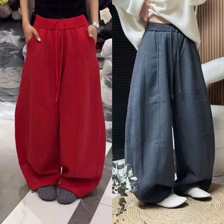 女士高腰显瘦加绒加厚慵懒休闲弯刀阔腿拖地长裤冬新