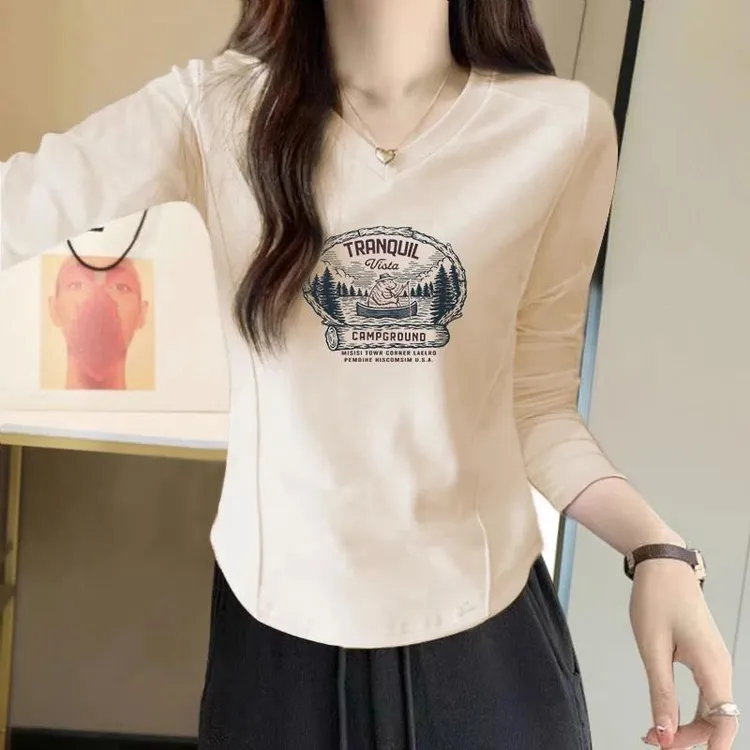 纯欲风辣妹修身显瘦长袖V领T恤女士秋季不规则圆弧下摆打底衫内搭