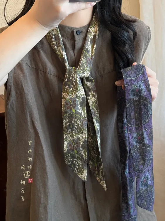 非金属布艺项链  复古印花长条丝巾女高级感气质装饰领巾薄款配饰