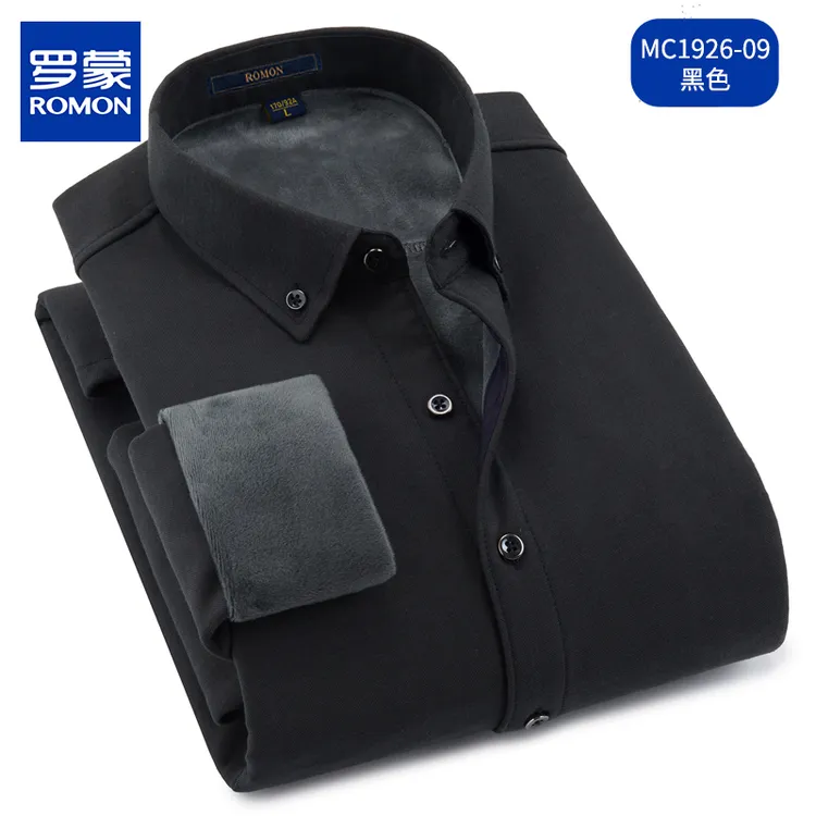 罗蒙男士高档保暖衬衫冬季商务休闲加绒加厚条纹黑色长袖衬衣外套