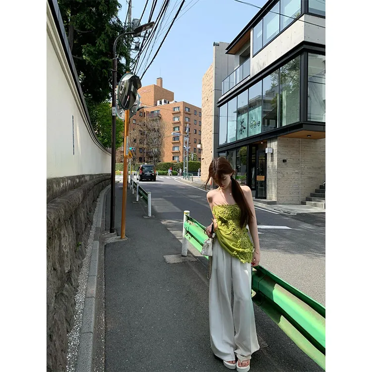 2025夏季新款修身显瘦设计感高级露肩上衣休闲简约时尚宽松长裤女